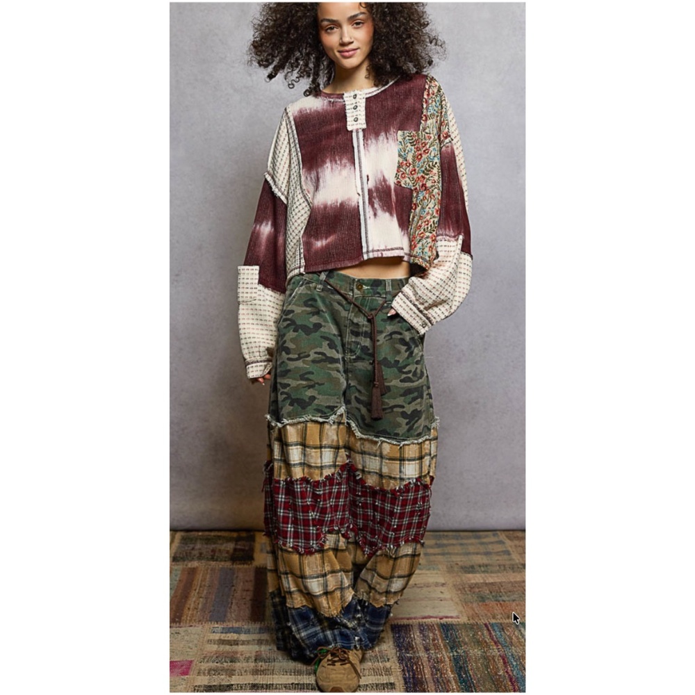 POL Patchwork Long Sleeve Tee in Burgundy, Cream, Teal - Picture 4 of 6